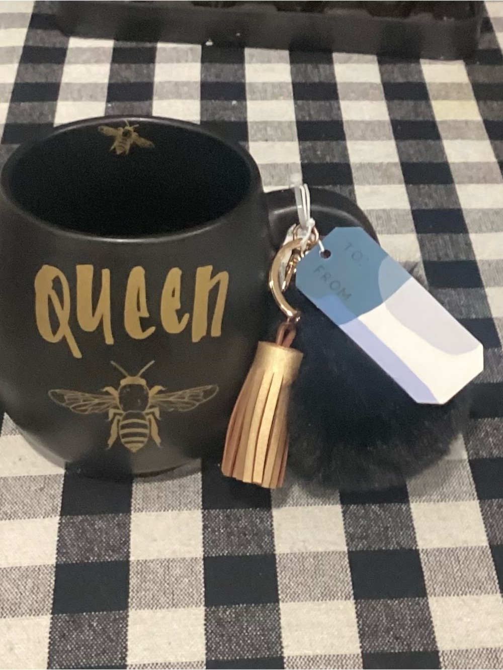 Fashion Faux Fur Pom Pom Keychain with Gold Tassel - Black
